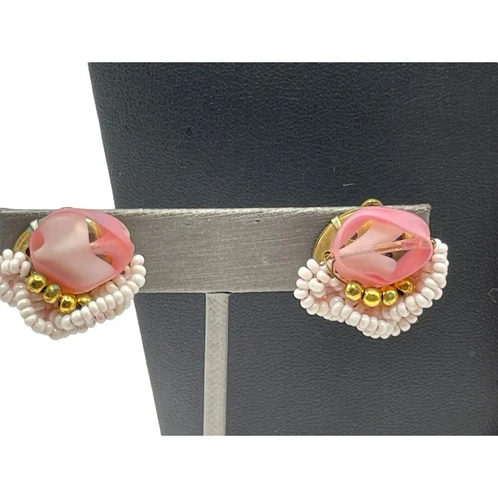 VTG Pink Seed Bead Milk‎ Glass Multi Strand Braided Tassel Necklace Earring Set